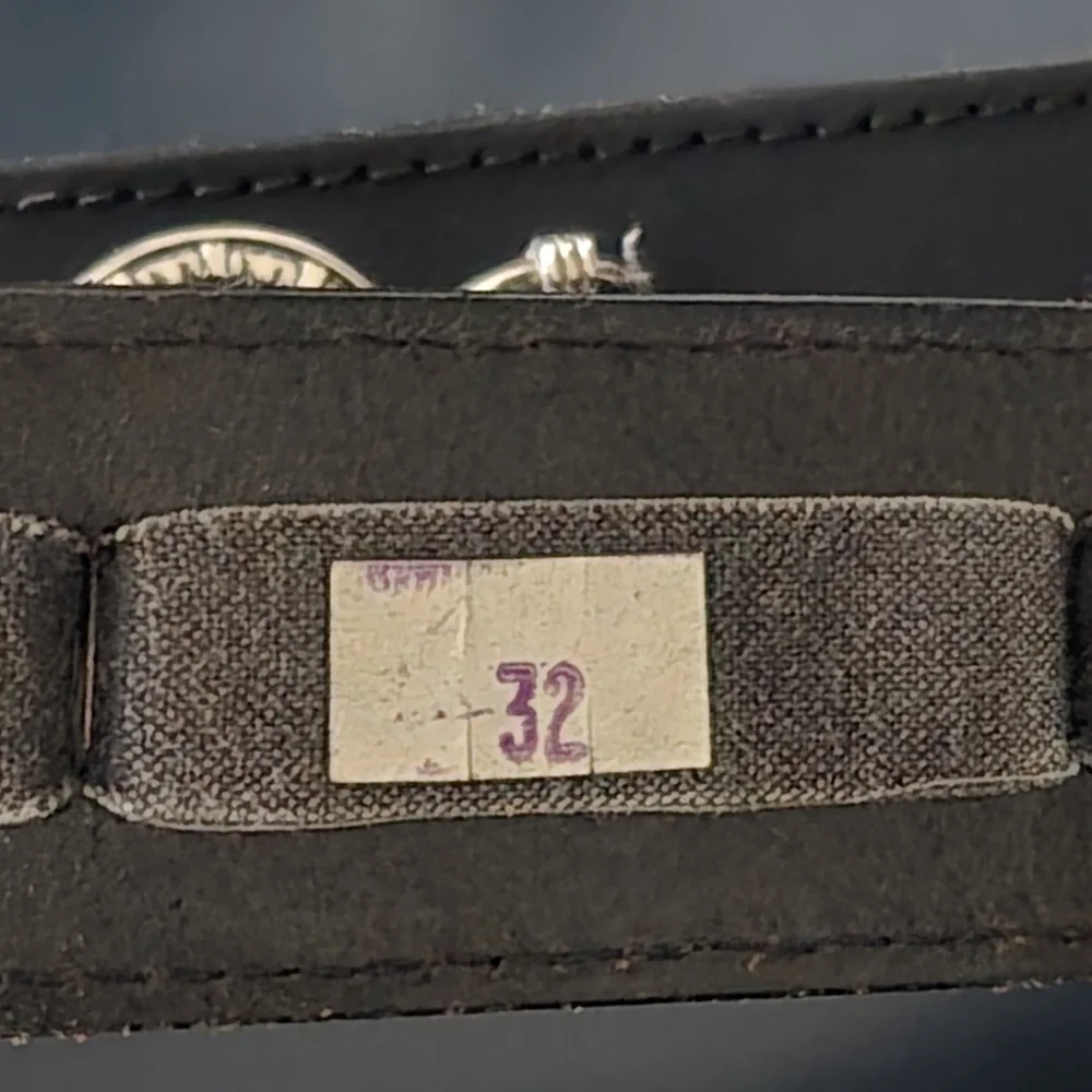 Vintage Black Leather Belt with Gold Medallion Accents